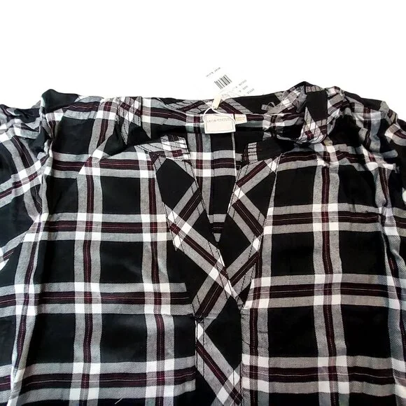 Zac & Rachel Womens Size 2X Black/White Plaid V-Neck Tie-Front Blouse 100% Rayon - Picture 10 of 12